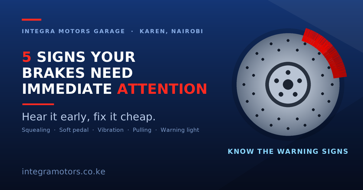 Cross drilled brake disc with red caliper and the five brake warning signs, a guide by Integra Motors Garage Nairobi