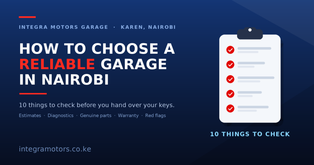 Checklist clipboard with red check marks, a guide to choosing a reliable car garage in Nairobi by Integra Motors Garage